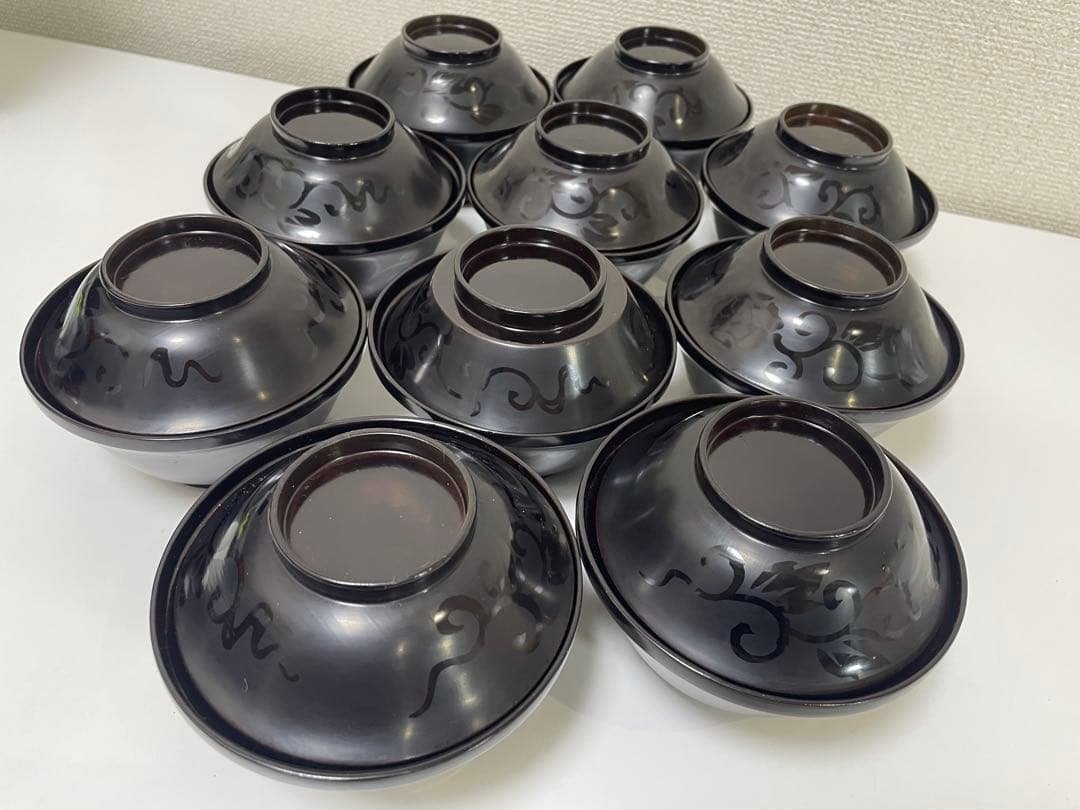 黒漆器 黒漆 内黒塗 漆器 吸物 懐石椀 煮物椀 10客 唐草柄 アンティーク