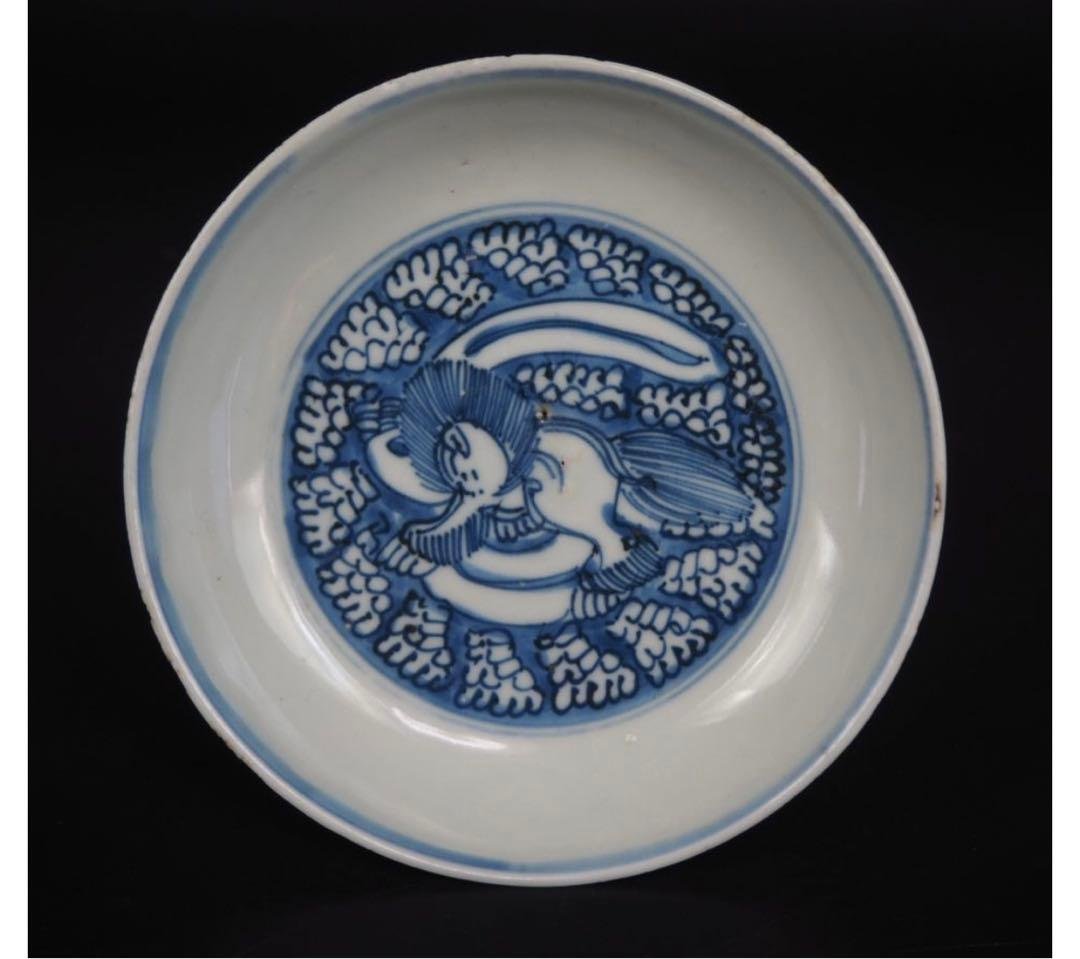 送料無料　明初期　永楽～宣徳年（1403～1435年）青華獅子文中皿５枚