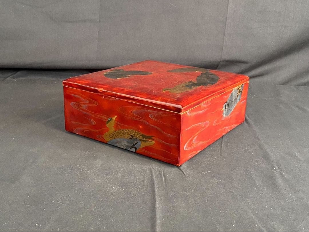 時代漆器 金銀 鴨蒔絵 紅溜 五段重箱 二枚蓋 共箱 木製 / 輪島塗