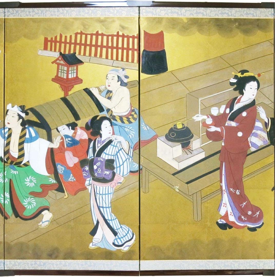 四つ折り屏風　日本画　金箔彩色　花見遊山