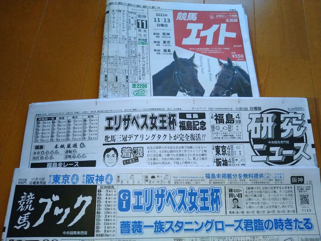 2022エリザベス女王杯　競馬エイト、競馬ブック、研究ニュース未使用3紙セット