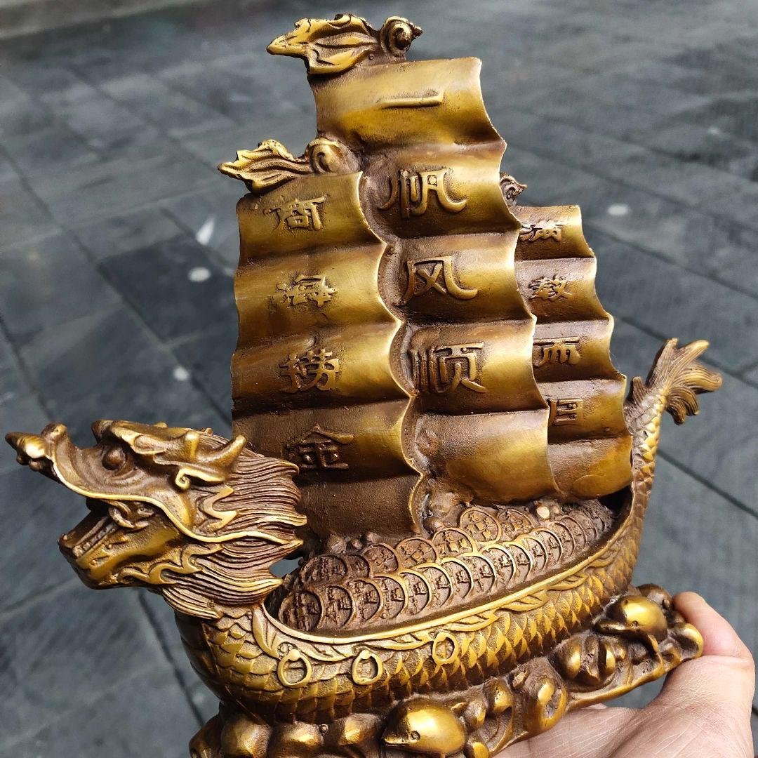 銅器 順風満帆 龍頭帆船 置物 書道具 文房具 装飾品 現代工芸品 美術品