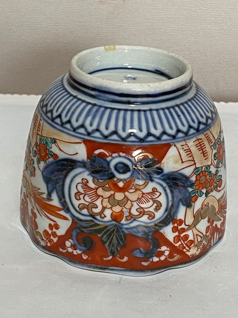 ♦江戸時代 染付 大明年製 金彩色絵花鳥文 輪花 そば猪口 元禄伊万里 骨董品