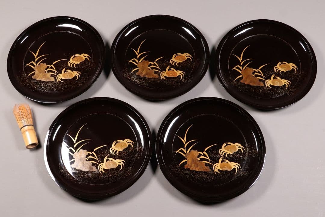 CK91 木製漆器 蟹蘆金蒔絵 黒塗 大徳寺盆 五客 24.5cm 木皿 菓子盆