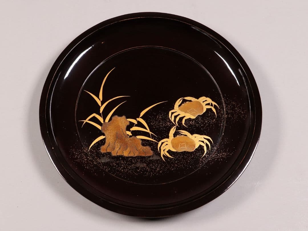 CK91 木製漆器 蟹蘆金蒔絵 黒塗 大徳寺盆 五客 24.5cm 木皿 菓子盆